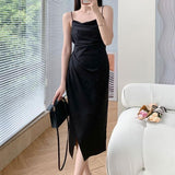 Women Satin Strap Midi Sleeveless Split Dress Ruched Backless Bodycon Sexy Party Elegant Club Slim Clothes