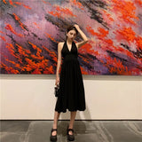 2022 Summer French Elegant Halter Midi Dress for Women V Neck Retro Beach Holiday Robe Sleeveless Backless New