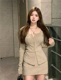 Sweet Hot Girl Suit Women's Autumn Square Collar Long-sleeved Knitted Shirt High Waist Short Skirt Fashion Two-piece