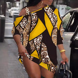Zingj Hot Style Autumn Print Metal Buckle Diagonal Shoulder Neck Button Dress