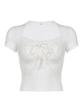 White Knitted Lac Patched Female T-shirts Y2K Korean Style Slim Tie Up Shirring Summer Top Tee Folds