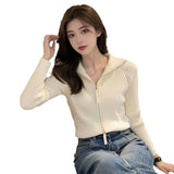 Standing Collar Double Zipper Design Sense Knit Cardigan Female Jacket Autumn New Style Slim Small Long-Sleeved Sweater Jacket-Outfit
