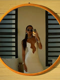 V-neck Wavy Hollow Out Sling Knitted Dress Women Elegant Sleeveless Backless Robes 2024 Lady Casual Beach Vacation