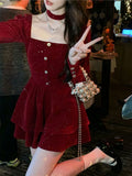 Hot Girl Red Velvet Dress Women's Autumn/Winter Christmas Square Collar Long-sleeved Slim Fit A-line Dress Female
