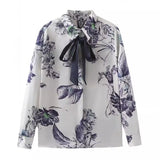 Bowknot Satin Printed Shirt In Spring And