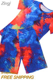 Women Tie Dye Sports Clothing Sets Lady Pullover Short Sleeve O Neck T Shirt Top + High Waist Knee Length