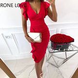 Women V-Neck Ruffle Hem Ruched Dress Bodycon Dress Casual Dress Summer Work