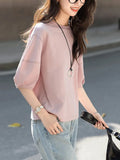 Collar Seven-Sleeved T-Shirt Girl 2025 Summer New Relaxed Leisure Age Cut Lantern Sleeve