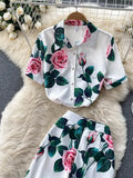 Women Floral Two Piece Set Office Ladies Printed Turn-Down Collar Single Breasted Tops + High Waist Wide Leg Pants Suit 2023