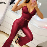 Women Pu Leather Spaghetti Strap Crop Top & Flared Pants Set Solid Set Two