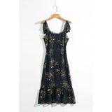 For Women Elegant Vintage Floral Dress Frill Sweetheart Neck Sleeveless Strap Tie Ruffle Hem Summer Beach