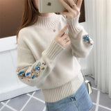 Zingj Neck Jumper Embroidered Sweater Women's 2023 Autumn New Korean Version Of Sleeves Embroidered With Long Sleeves With Loose