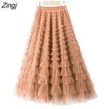 Tulle Long Skirts Womens Spring Summer Korean Style Solid High Waist A-Line Tutu Skirt Female Mesh Pleated Maxi