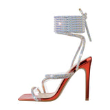 Onlymaker Women's Summer Crystal Lace-Up Stiletto High Heel Sandals Multicolor Square Toe Cross Strap PVC Bling