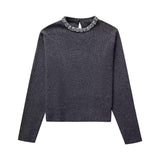 Spring Style Neckband Diamond Trim Round Collar Pullover Loose Sweater