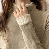 Semi-High-Necked Velvet Bottomed Blouse With A New Style Of Long-Sleeved Knitted Velvet And Warm Lace