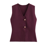 Summer Women's Solid Color Repair Gold Button Knitted Vest Blouse