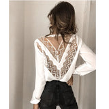 Women Blouses Casual Long Sleeve V Neck Patchwork Lace Shirt Office Lady Elegant Backless Chemise Shirts