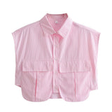 Color Y2K Women's Big Pocket Splicing Irregular Cardigan Polo Collar Shirt Top