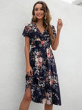 Printed Casual Beach Midi Dresses Women Summer V-neck Short Sleeve Empire Waist A-Line Dress Sundress Vestido Robes