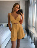 Summer V Neck Strap Crop Top + High Waist Shorts Women's Solid Color