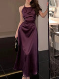 Satin Midi Dresses for Women 2023 New Summer French Fold Hollow Out Elegant Prom Fashion Slim Casual Female Clothes