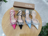 Onlymaker Women Pointed Toe Elegant Sandals Crystal Butterfly-knot Ankle Strap Buckle Thin High Heels Wedding Party Dress
