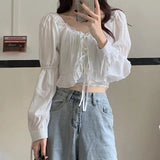 Women Slim Tender Temperament Spring Long Sleeve Lady Blouses Lace-up Solid All-match Breathable Stylish College Crop
