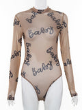 Summer Sexy Letter Print Transparent Mesh Bodysuits Long Sleeve See Through Baby Bodycon Rompers Women