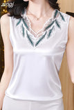 Women's Blouses Sexy Tank Tops Solid Female Embroidery Camisole Summer Satin Sleeveless Women Clothing Lace Womens