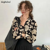 Women Rose Printed Button Design Elegant French Retro Loose Office Lady Blouse Leisure Breathable Chic Fashion Hot
