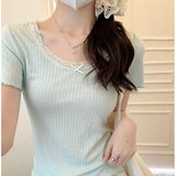 Aesthetic Lace Trim Short Sleeve Bow TeeOutfit