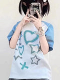 Japanese Y2k Aesthetic Heart Print T-shirt Preppy Loose Chic Sweet Tshirts Women Student Kawaii Fairy Harajuku Tee