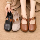 Zingj Round-Headed Single Shoes, Soft Leather, Retro Flowers, Mother's Shoes, Soft Leather, Shallow Mouth, Large Size Cover, Comfortable Grandma