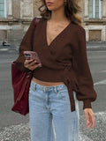 V-Neck Knitted Shirt Autumn And Winter Irregular Strap Elegant Short Top