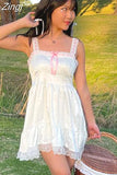 Kawaii Fashion Style Lace Trim Patched White Dress Summer Cute Sweet Bow Ruched Female Dress Lolita Sexy Sundress