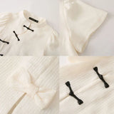 Women New Chinese Style Button Design Vintage Tender Stand Collar Fashion Loose Casual Solid Temperament Summer