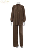 Causal Loose Home Suit Autumn Long Sleeve Blouse With High Wasit Pants Set Women Elegant Pleated Beige 2 Piece Pant