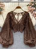 Black/White/Brown Sexy Lace Blouse Women Elegant V-Neck Puff Long Sleeve Open Back Short Tops Female Party Blusas