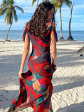 Boho Print Cold Shoulder Vacation Beach Dress Women Summer Clothes Sexy See Through Spaghetti Strap Club Party Dress