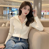 Standing Collar Double Zipper Design Sense Knit Cardigan Female Jacket Autumn New Style Slim Small Long-Sleeved Sweater Jacket-Outfit