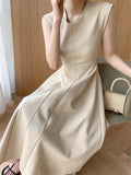 Summer Women One Piece Fashion Elegant Sleeveless Dress Office Lady Casual Solid Midi Dresses Female Clothes