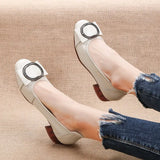 2021 Genuine Leather Square Toe Pumps Women Shoes Low Heel Shallow Round Buckle Slip-On Leather Casual Shoes For
