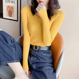 Zingj Autumn And Winter New Style Kengtiao Thin Knitted Blouse Woman V-Collar Slim Solid Color Cover Bottom