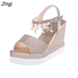 New Women Wedge Sandals Summer Bead Studded Detail Platform Sandals Buckle Strap Peep Toe Thick Bottom Casual Shoes