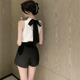 Style Bow Back Vest Sleeveless Top + High Waist Wide Leg Shorts Two-piece Short Sets Summer Top Women Outfit