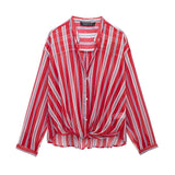 Spring Style Knot Striped Translucent Long-Sleeved Shirt