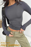 Women's Basic Long Sleeve Crop Top Solid Color Crew Neck Cozy Stretchy Slim Fitted Cropped T Shirts Pullover