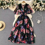 V-Necked Print Chiffon Dress Shows Lean Lotus Leaf Edge Short-Sleeved Waist First Love Fairy