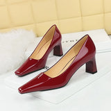 Zingj Fashion Simple High With Thick With Shallow Square Head Bright Patent Leather Commuting Versatile Women's Shoes Single